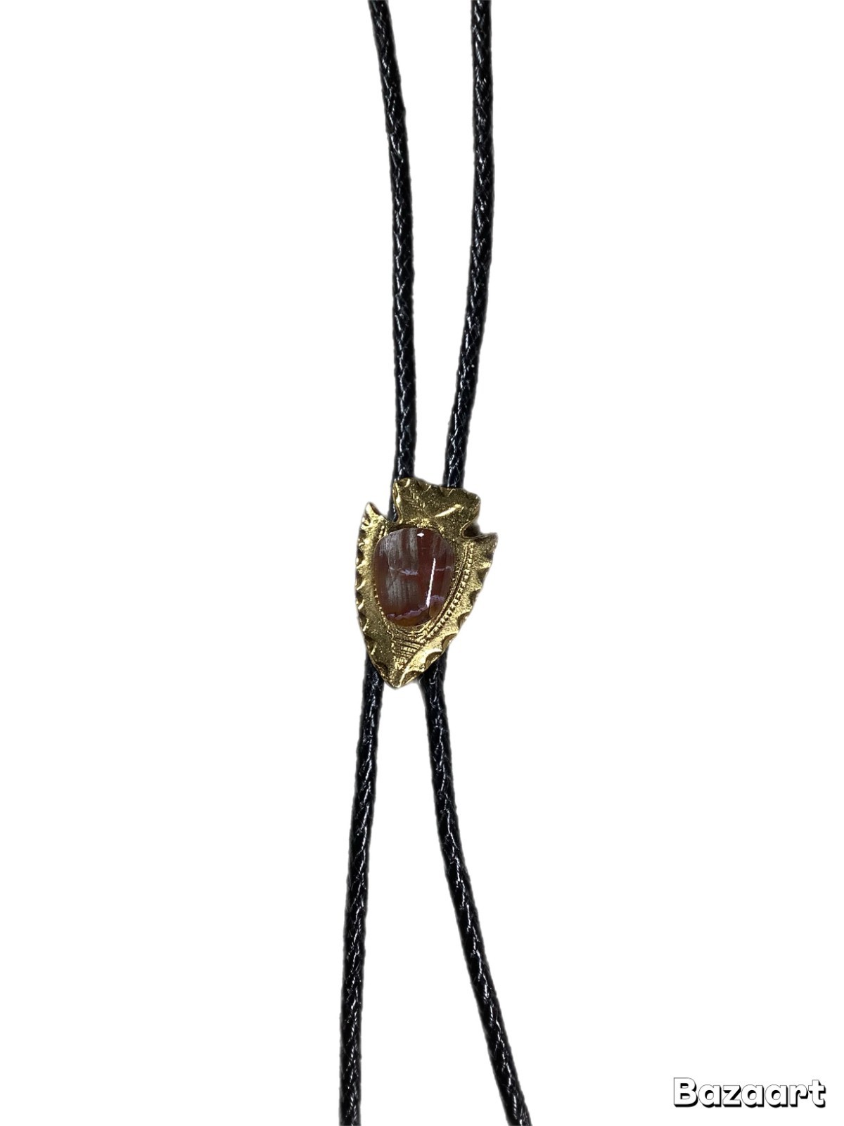 Vintage Gold Tone Arrowhead Bolo Tie Amber Stone Black Leather Cord (217)