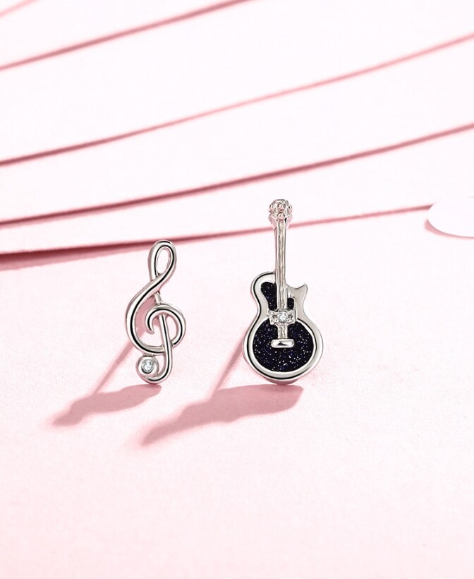Silver/Gold Black/Red Cello Guitar Musical Note Mismatch Stud Earrings