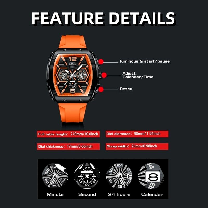 LIGE Men Watch Quartz Date Luminous Big Dial Waterproof Multifunction Wristwatch