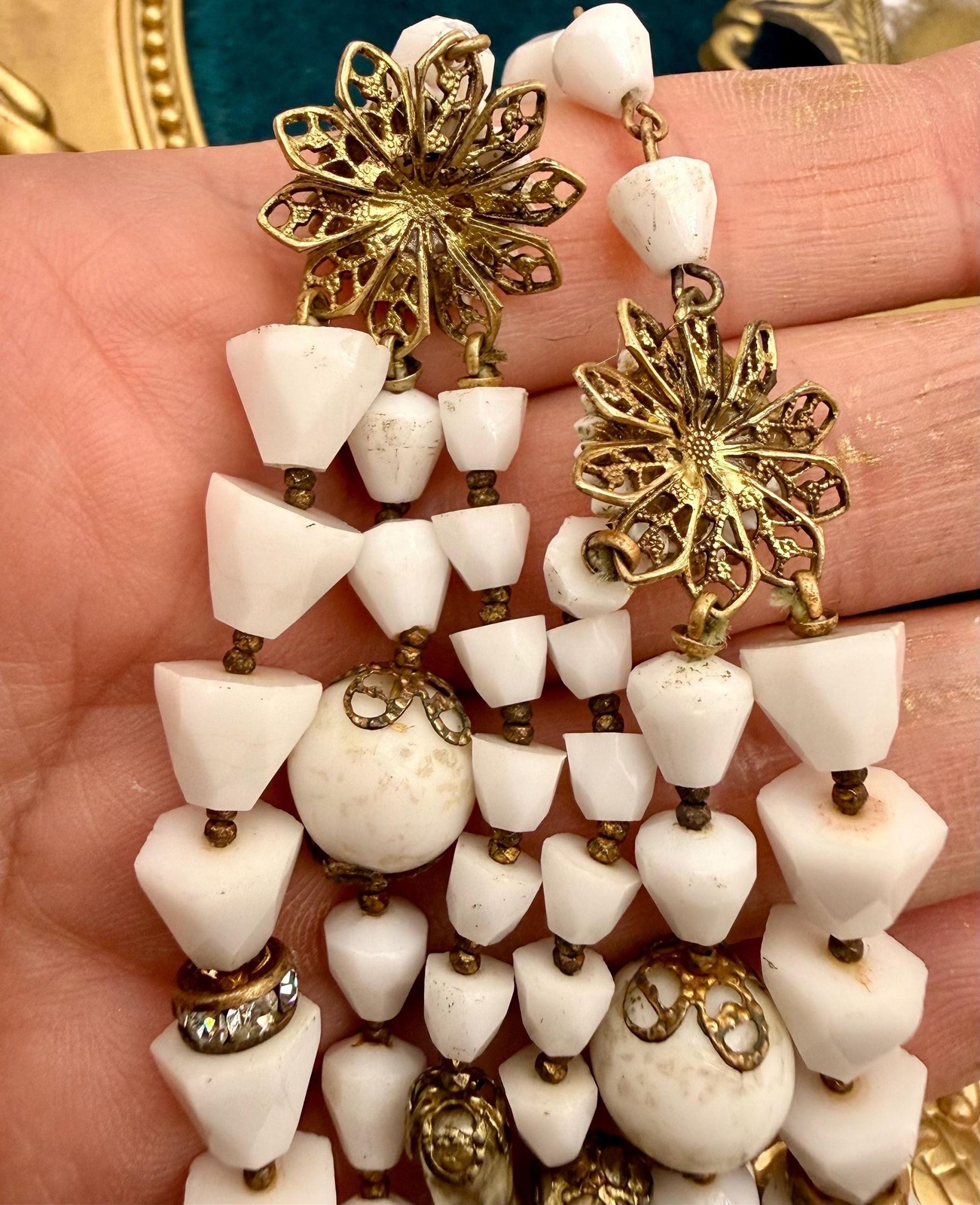 Vintage Milk Glass Multi Strand Necklace with Faux Pearls, Rhinestones (1940s-19