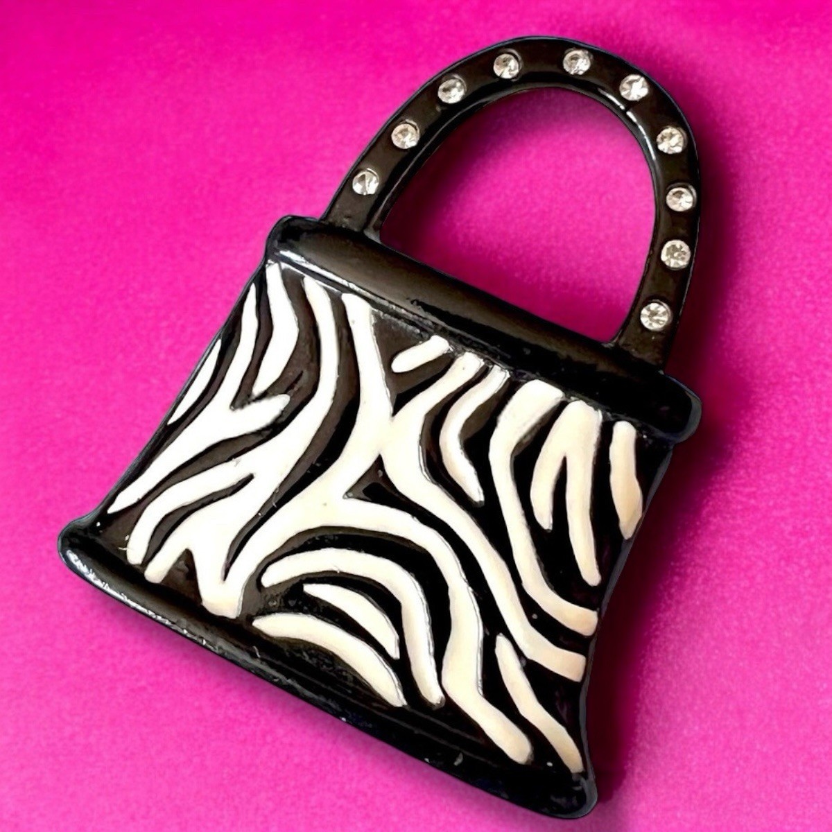 Y2K Zebra Purse Brooch Rhinestone Bag Pin AJMC Statement Animal Print Vintage