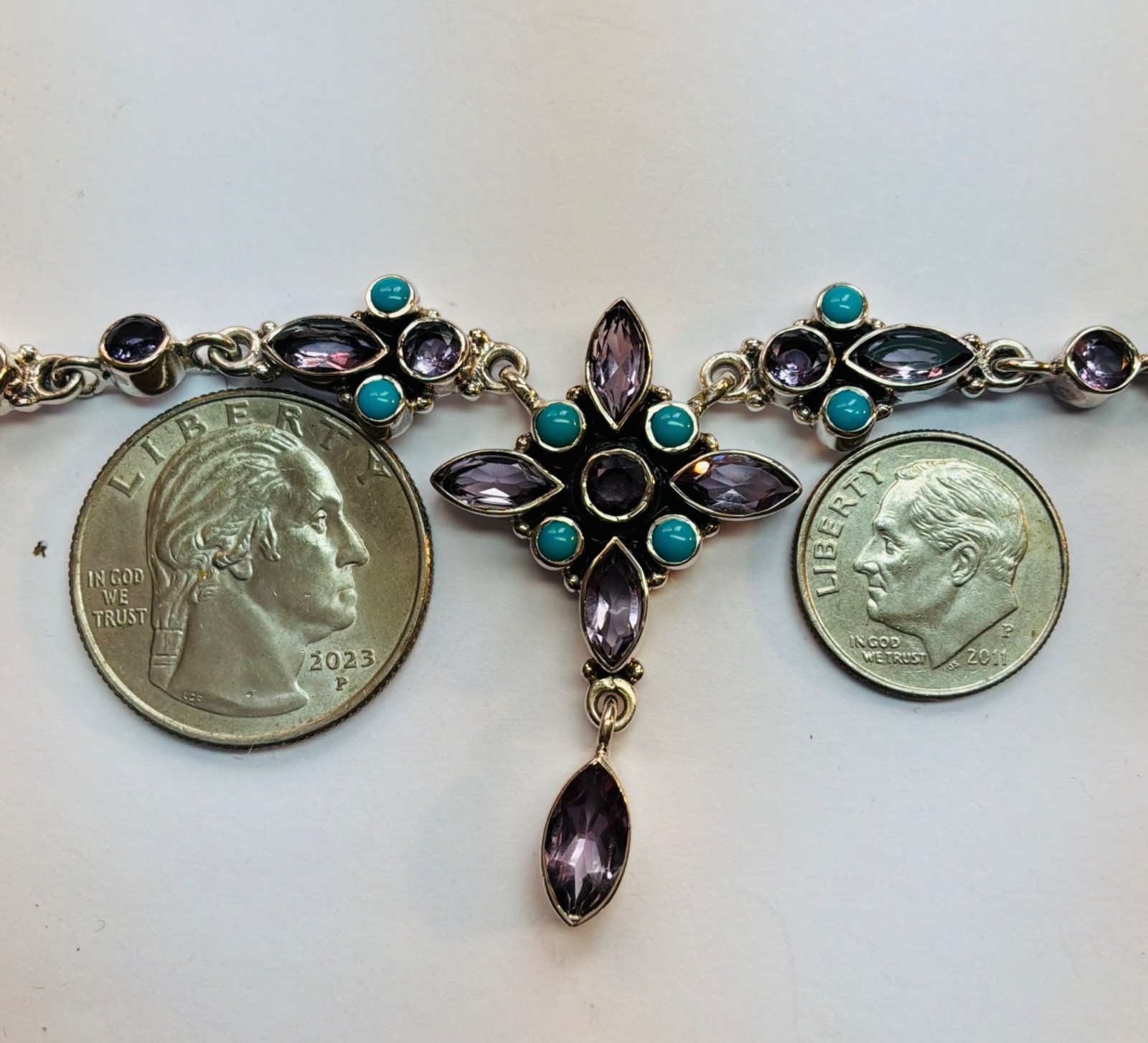 Estate 925 Sterling Silver Amethyst Turquoise Floral Necklace 20″ India Gift