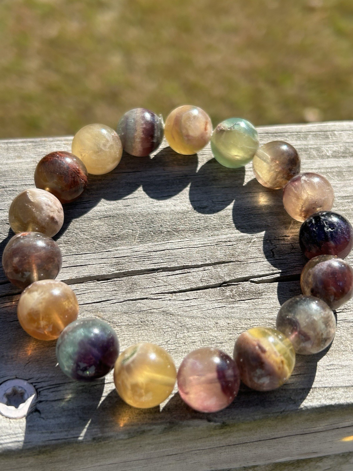 13.4mm Natural Rainbow Clear Fluorite Crystal Gemstone Round Beads Bracelet
