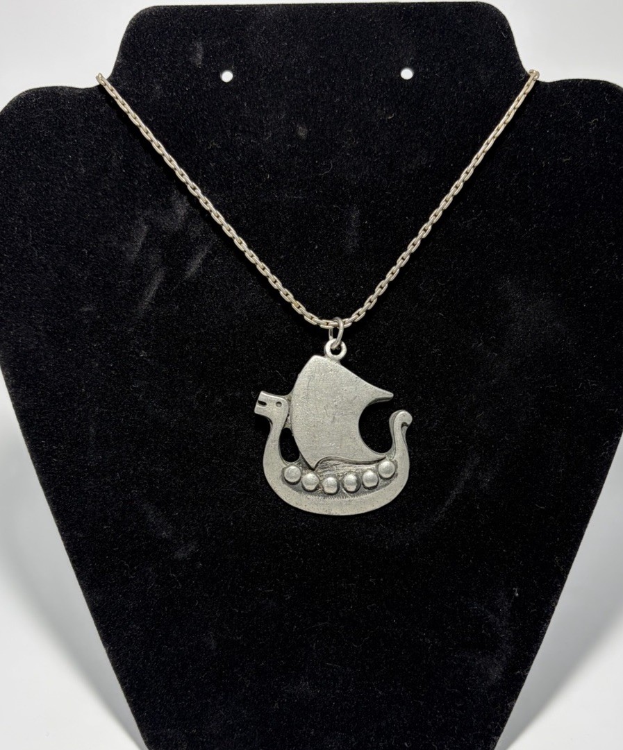 Vintage R. Tennesmed Sweden Pewter Viking Ship Pendant Necklace