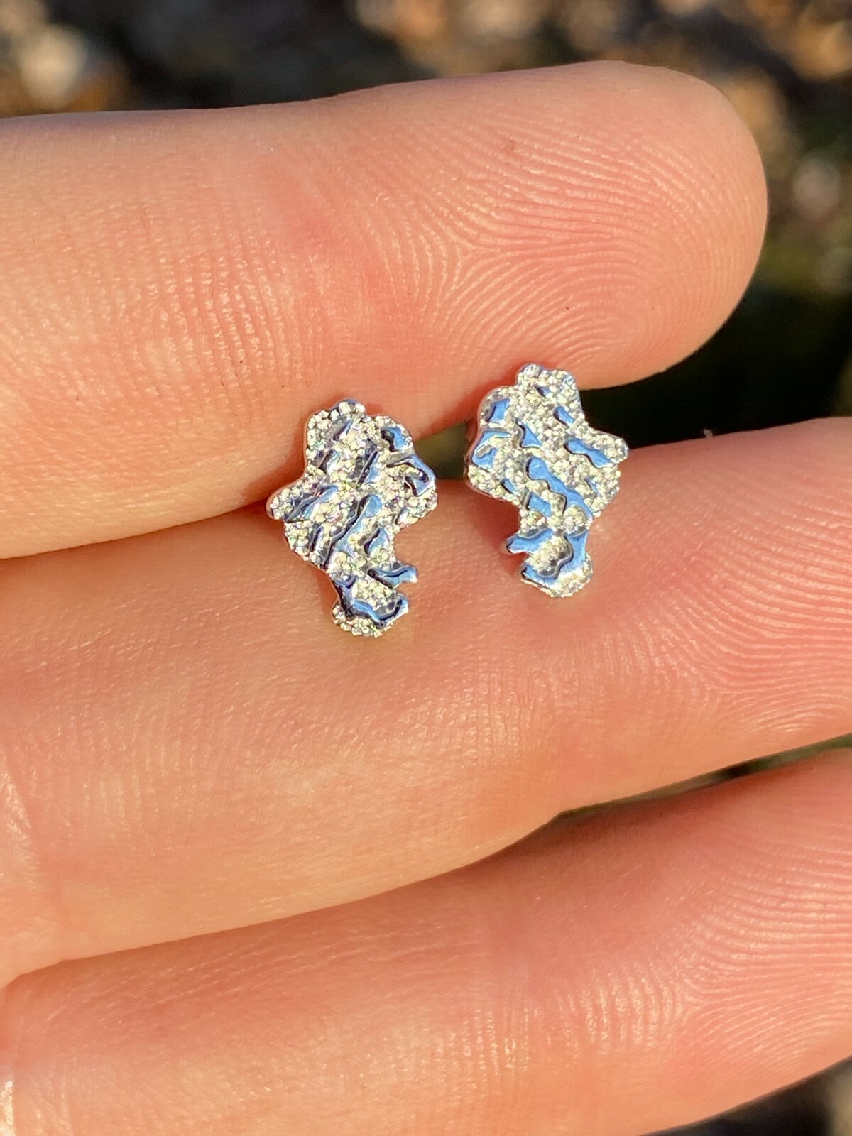 Real Solid 925 Sterling Silver Men Ladies Gold Nugget Small Earrings Plain Studs