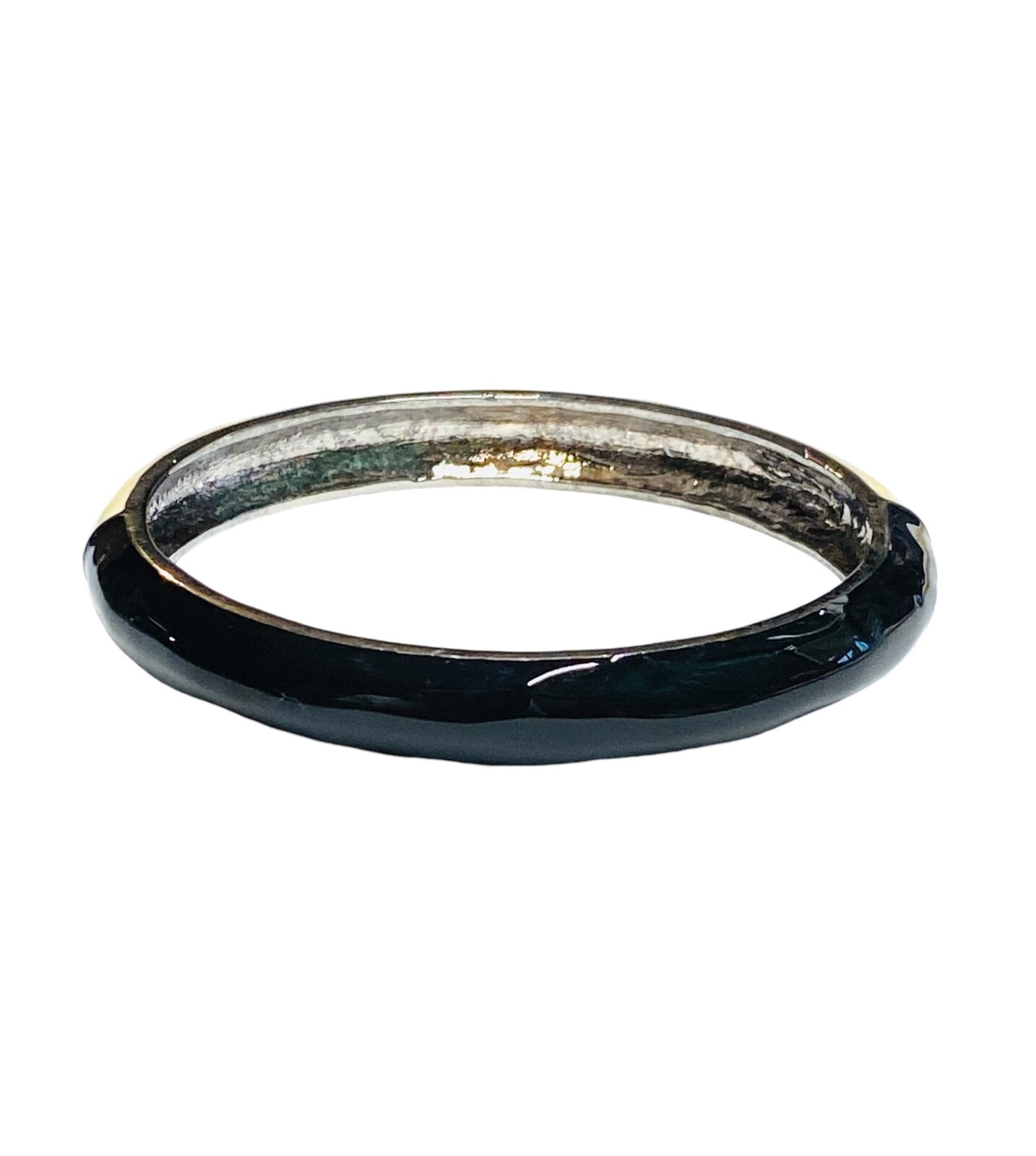 Vintage Black & Cream White Enamel Silver Tone Bangle Hinged Bracelet Clamper
