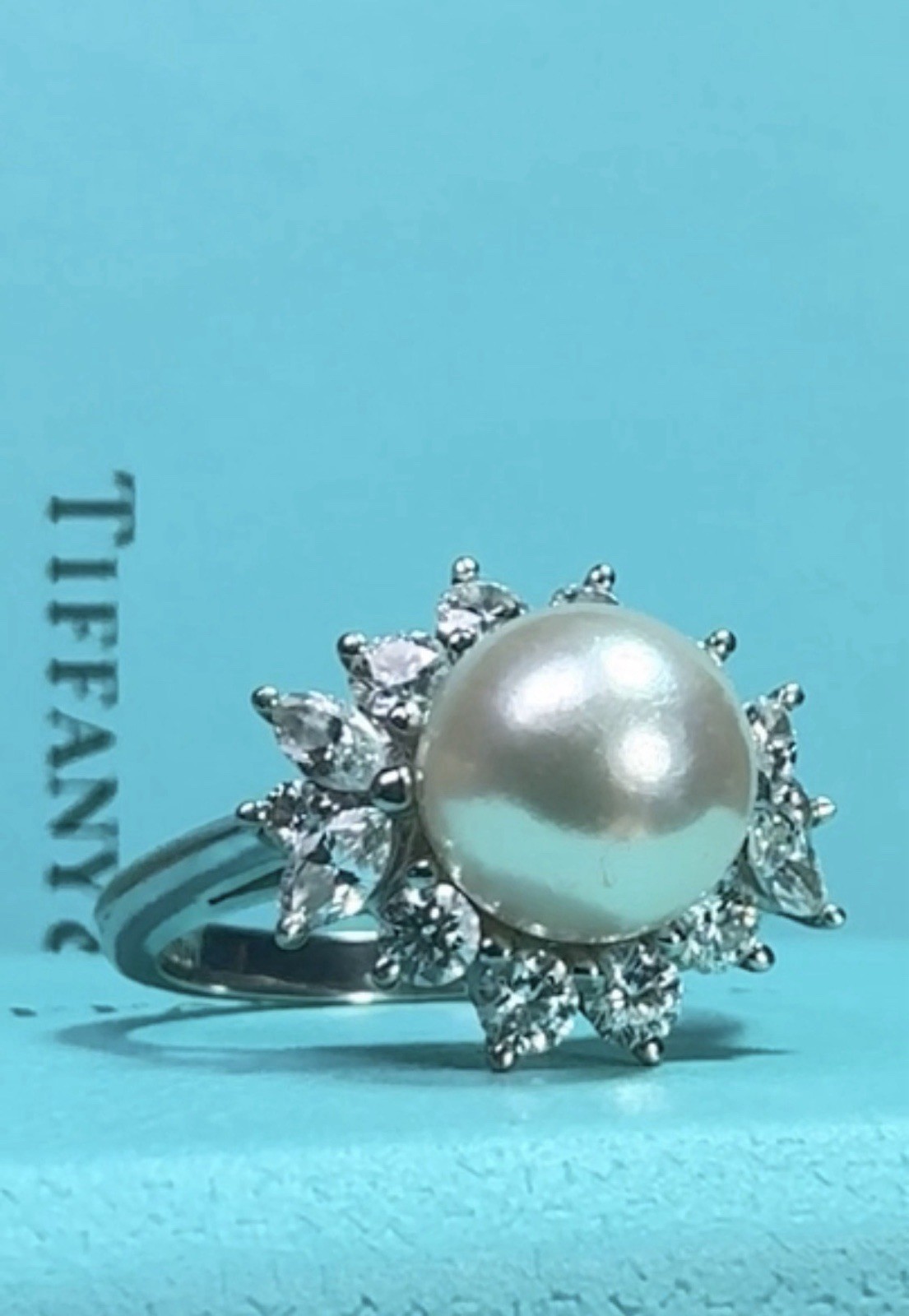 $9,450 TIFFANY & CO. VICTORIA 8MM PEARL AKOYA DIAMOND PLATINUM RING BAND SIZE 6