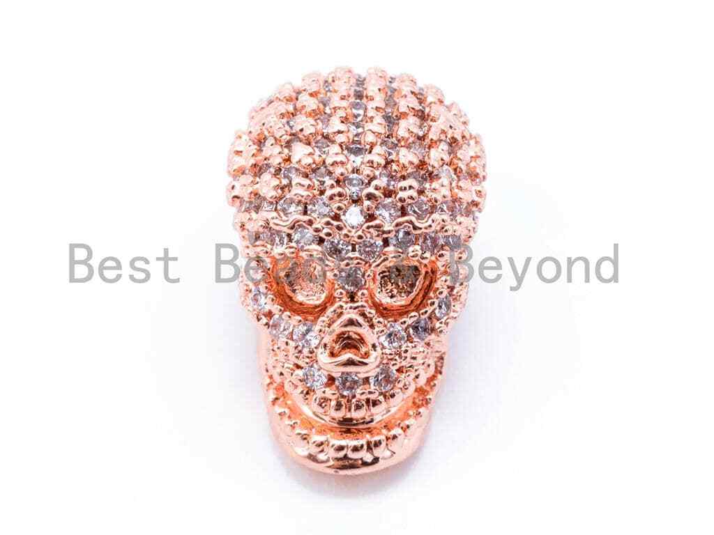 15x11mm 3D CZ Micro Pave Skull Charms, Gold/Black/Silver/Rose Gold Spacer Beads