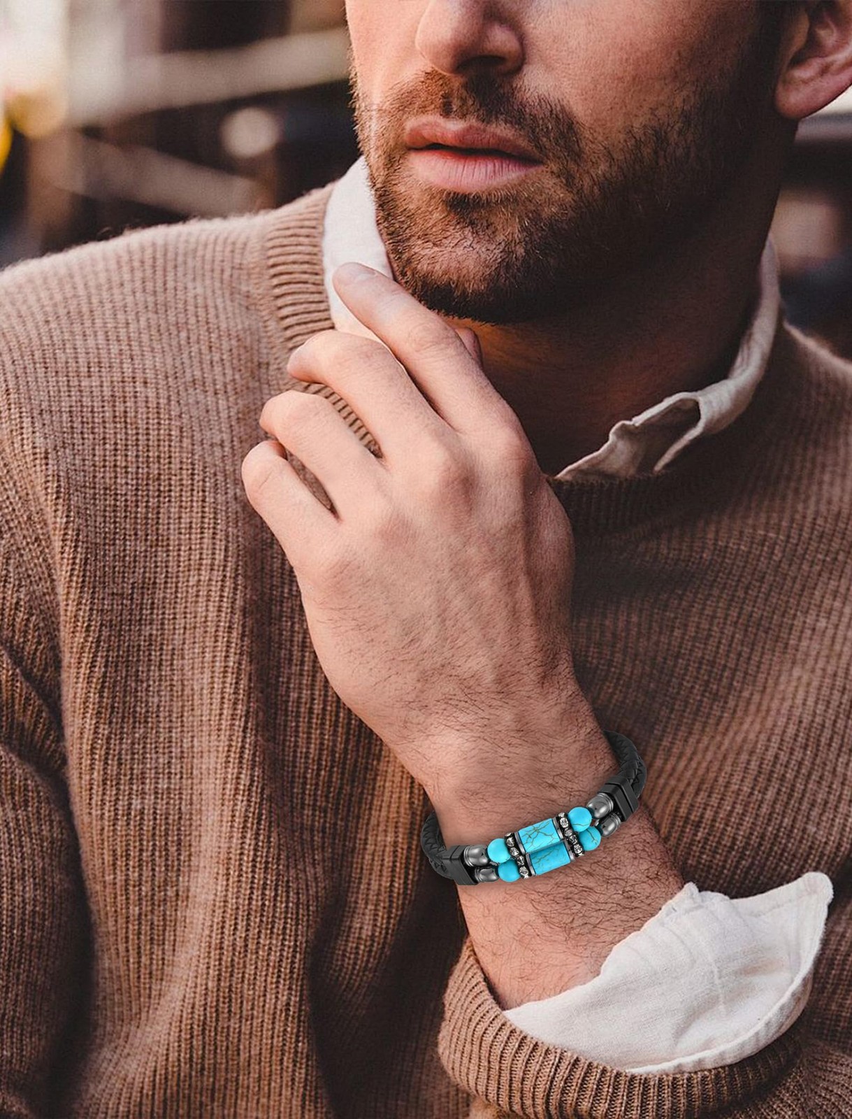 Men Turquoise Bracelet Leather Bracelet for Men 230mm/9.1in