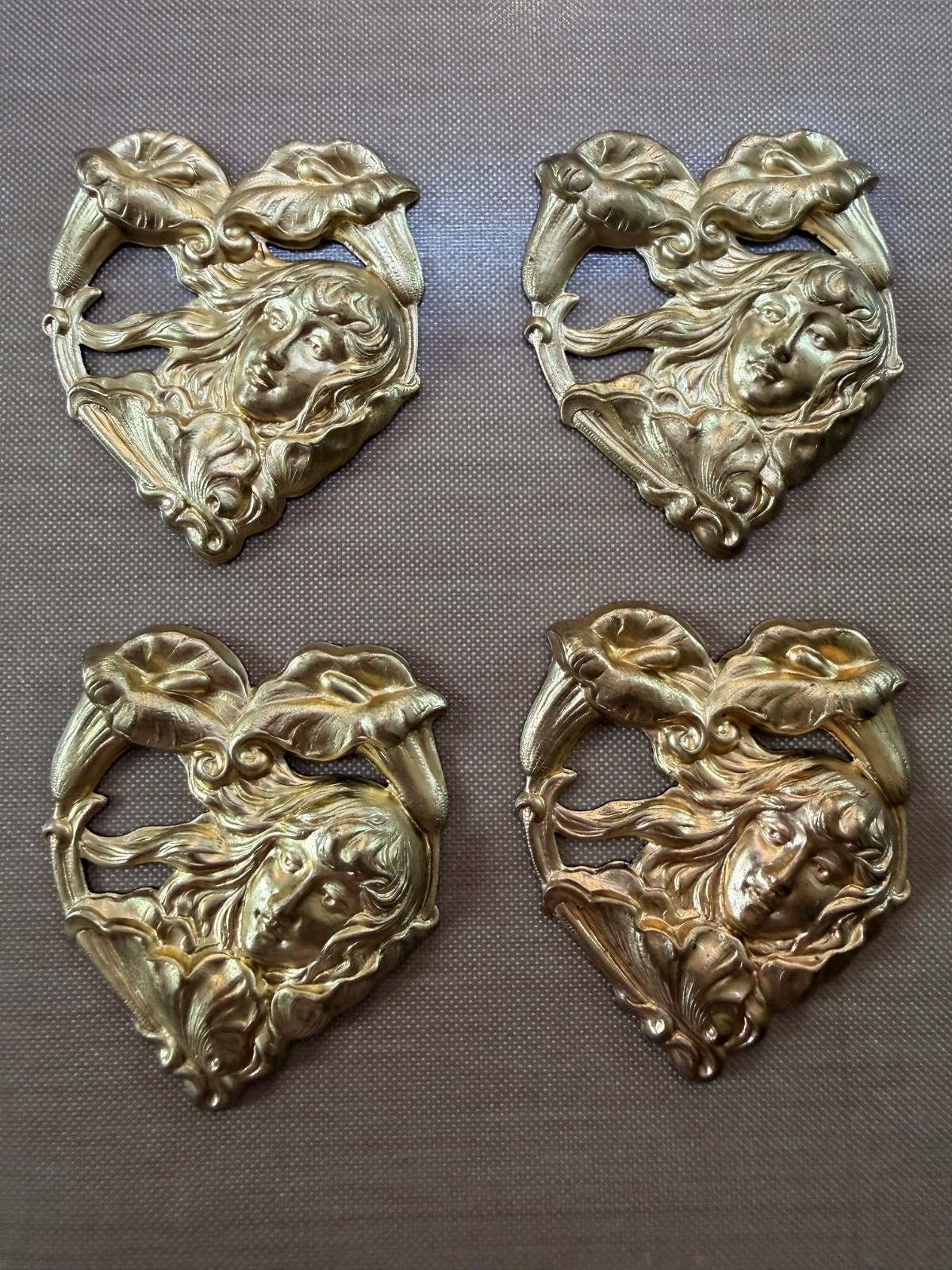 Lot 4 Vintage Solid Brass Art Nouveau Lady Calla Lily High Relief Stampings 46mm
