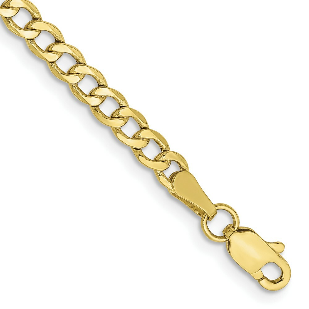 Real 10kt Yellow Gold 3.35mm Semi-Solid Curb Link Chain Chain Bracelet; 7 inch