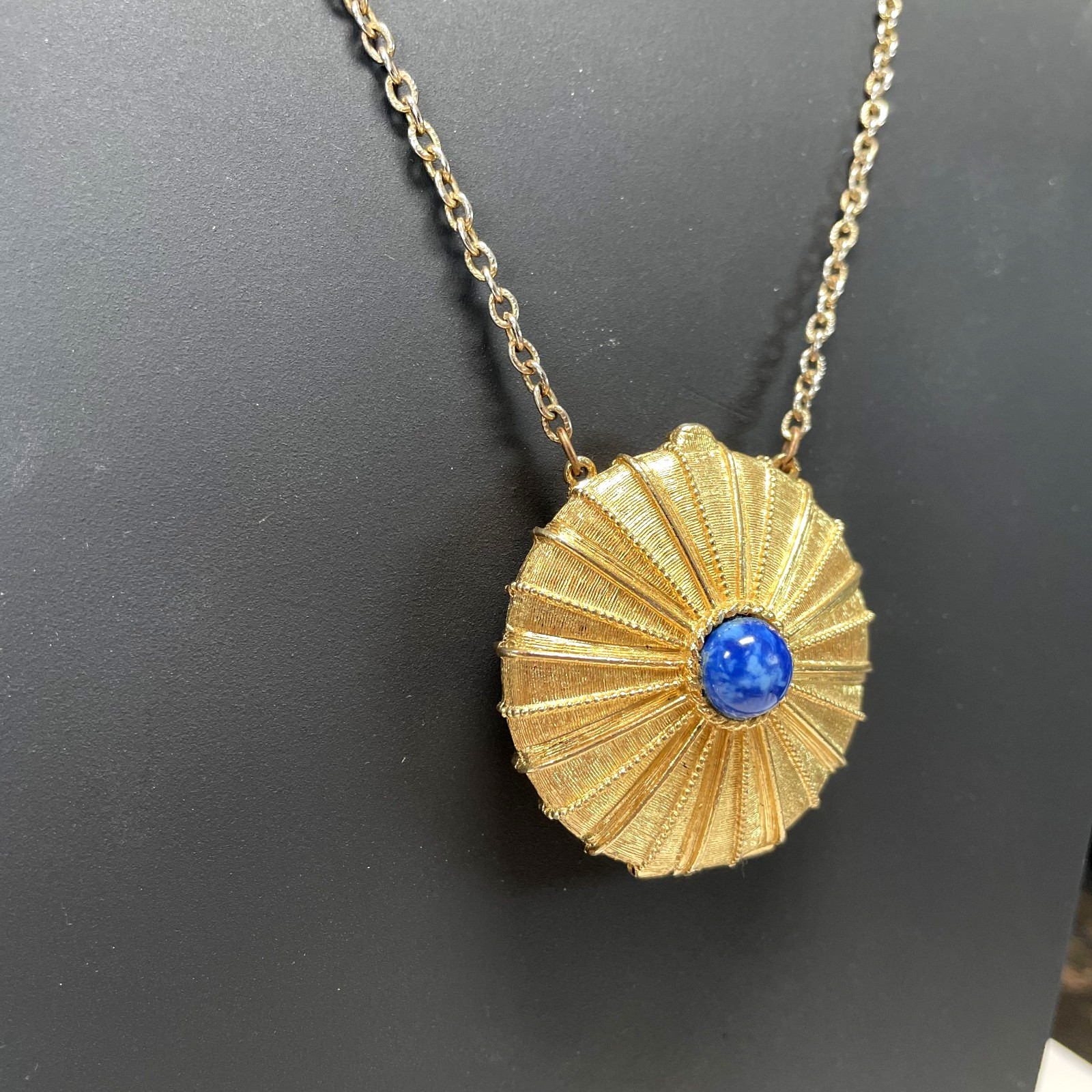 Vintage ESTEE LAUDER Signed Perfume Locket w/LAPIS LAZULI Blue Glass Stone 24″