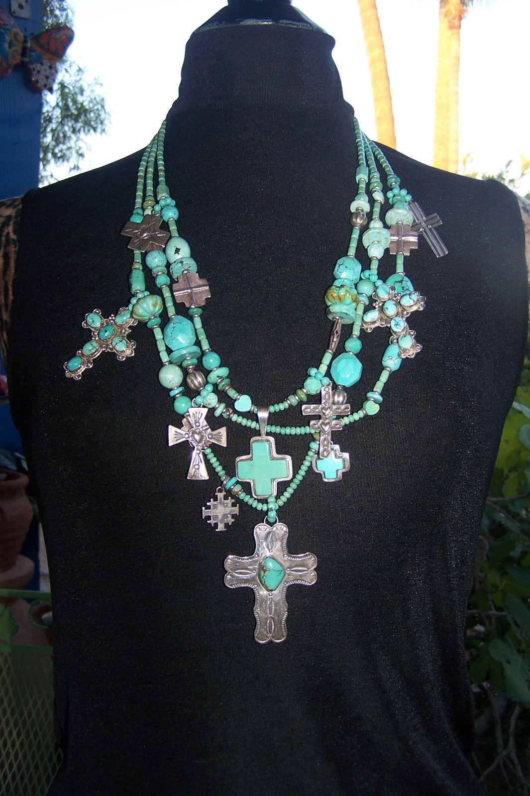 WOW~KIM YUBETA Sterling Turquoise Multi Cross Pendant Charm Treasure Necklace