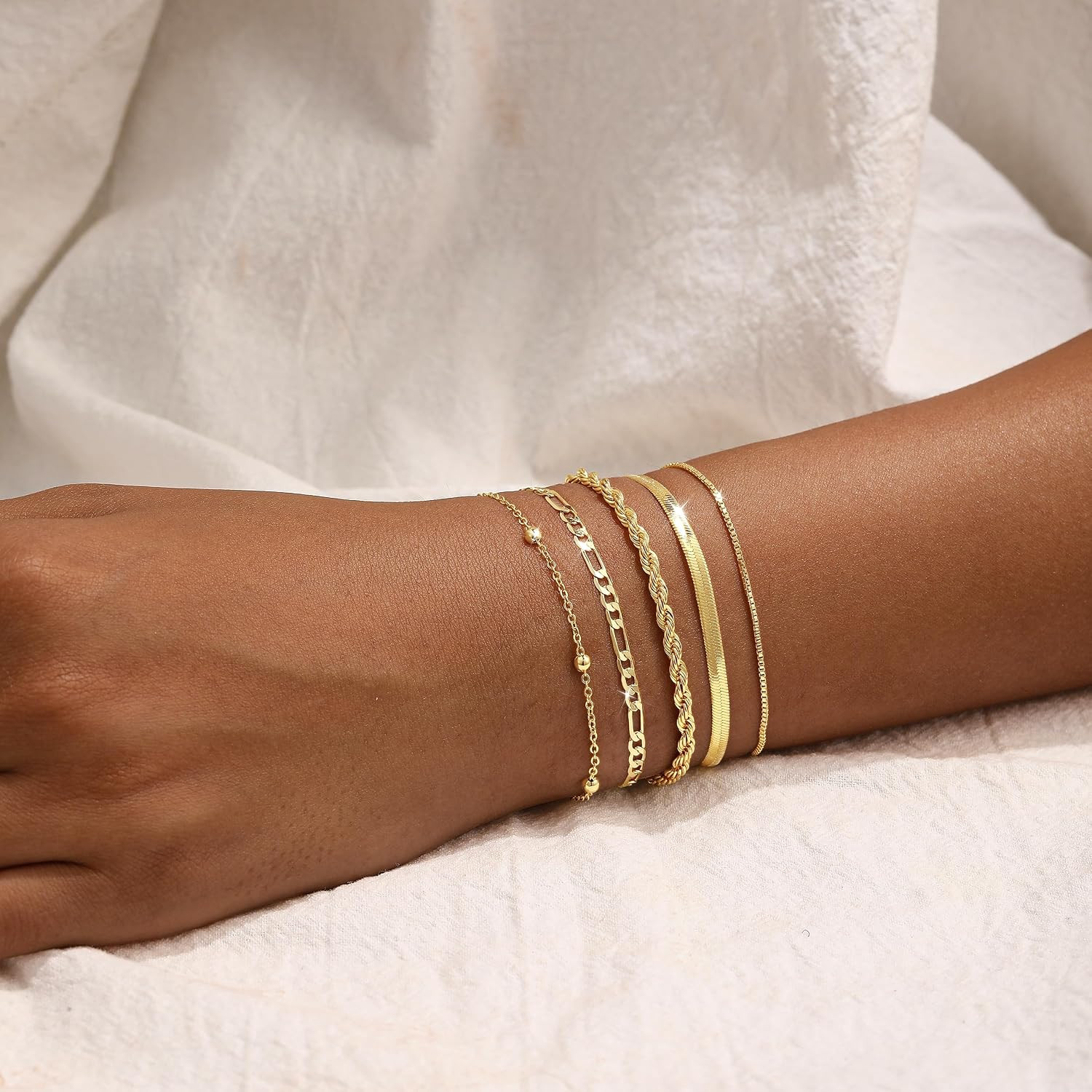 Gold Bracelets for Women Dainty 14K Gold Plated Stackable Bracelet Stack Set Tre
