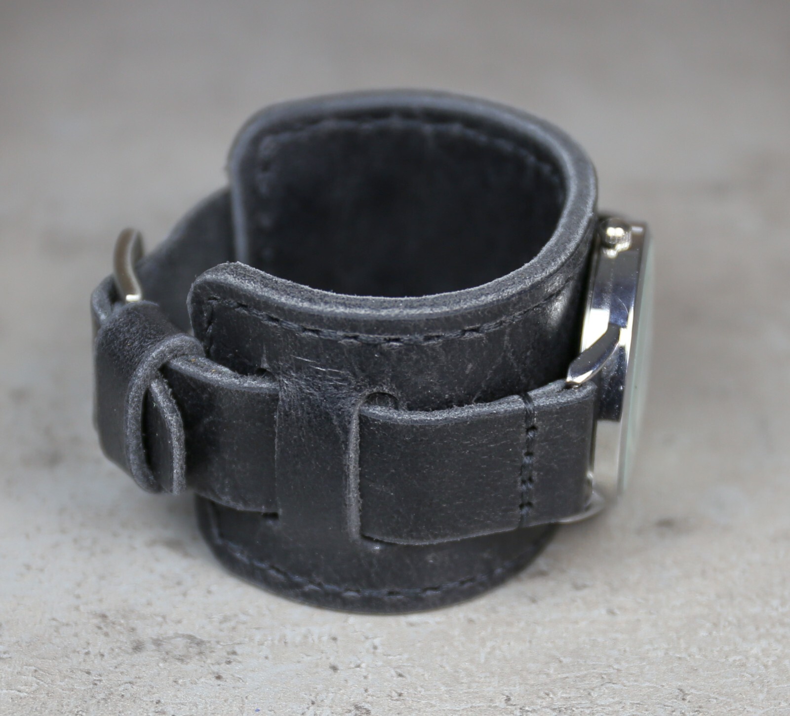 Leather watch bund band Military Black Distressed strap cuff pad 18mm 20 22 26mm