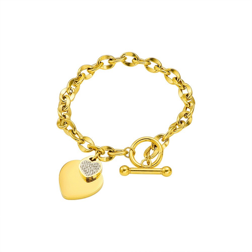 Women’s Heart Inlay Rhinestone Pendant Bracelet OT Buckle Titanium Steel Bracele