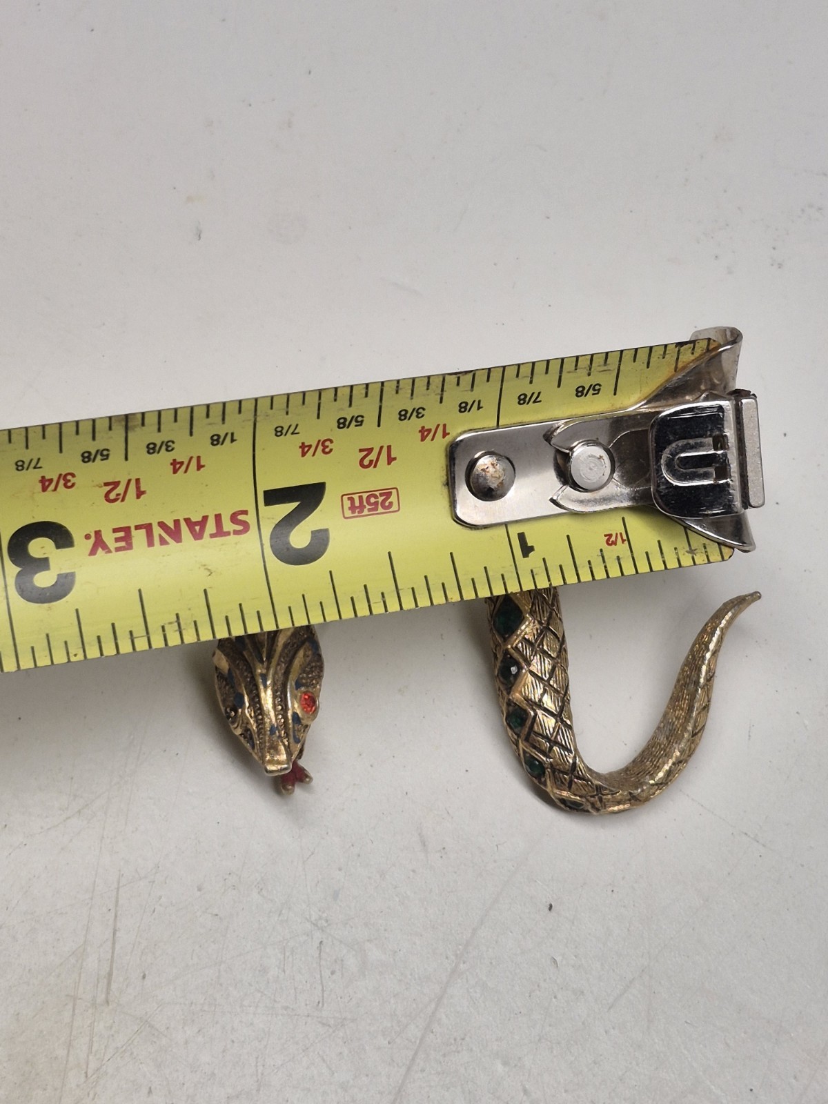 VTG Author Pepper Snake Brooch Pin Gold Whitewashed Snake Red Green Rhinestones