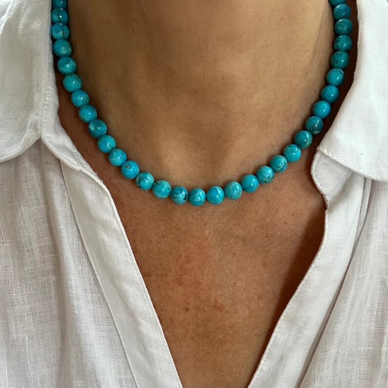 Brilliant Blue Kingman Turquoise Bead Necklace, Arizona Gemstone Jewelry