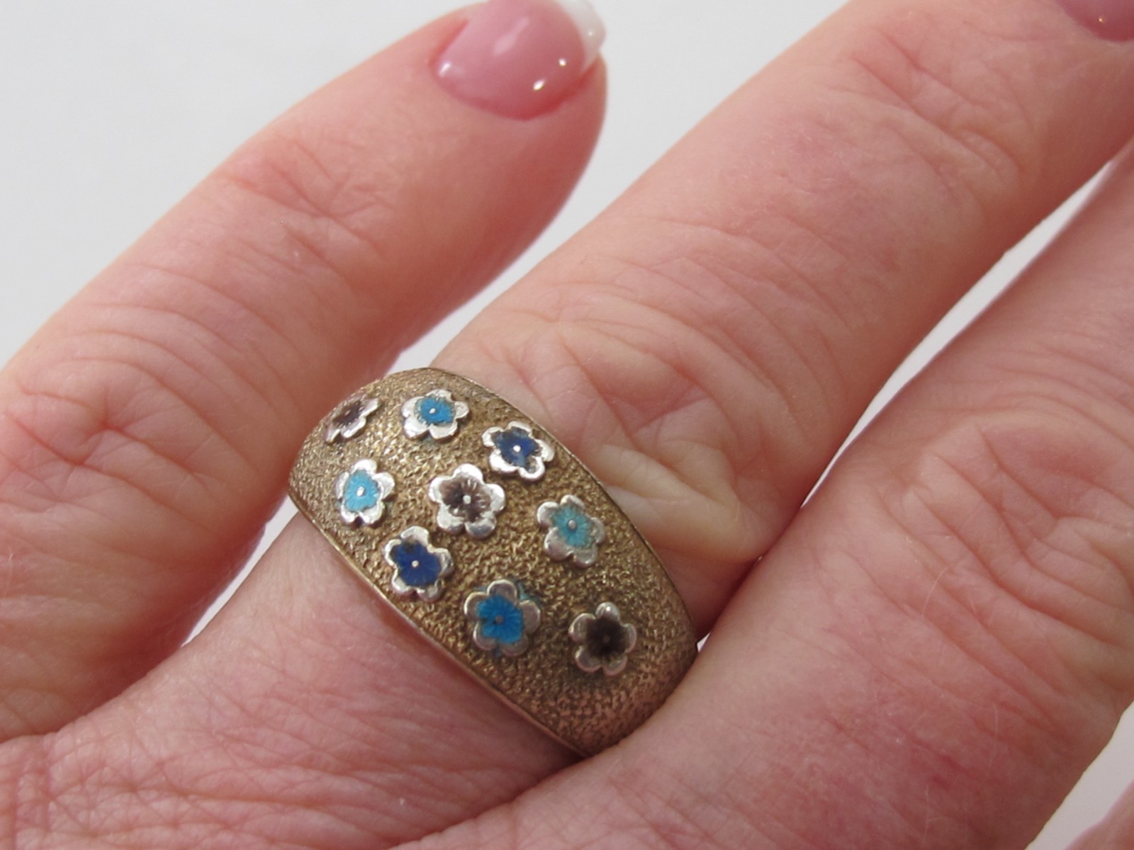 C5 Vintage Chinese Export Silver Enamel Flower Ring Size 7