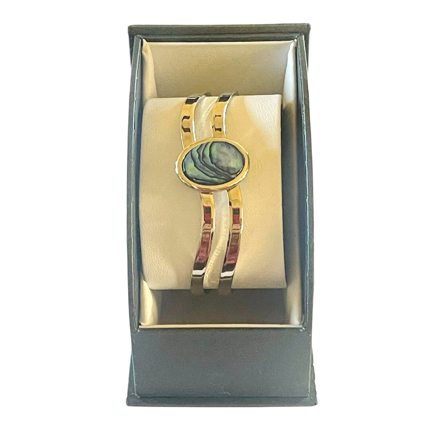 ARIKI Cuff Bracelet Paua Shell Cabochon Silver Tone New Zealand Costume in Box
