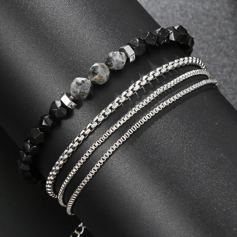 2 Pcs/set Men’s Hip Hop Chain Bracelets Fashion Polygonal Stone Chain Bracelets