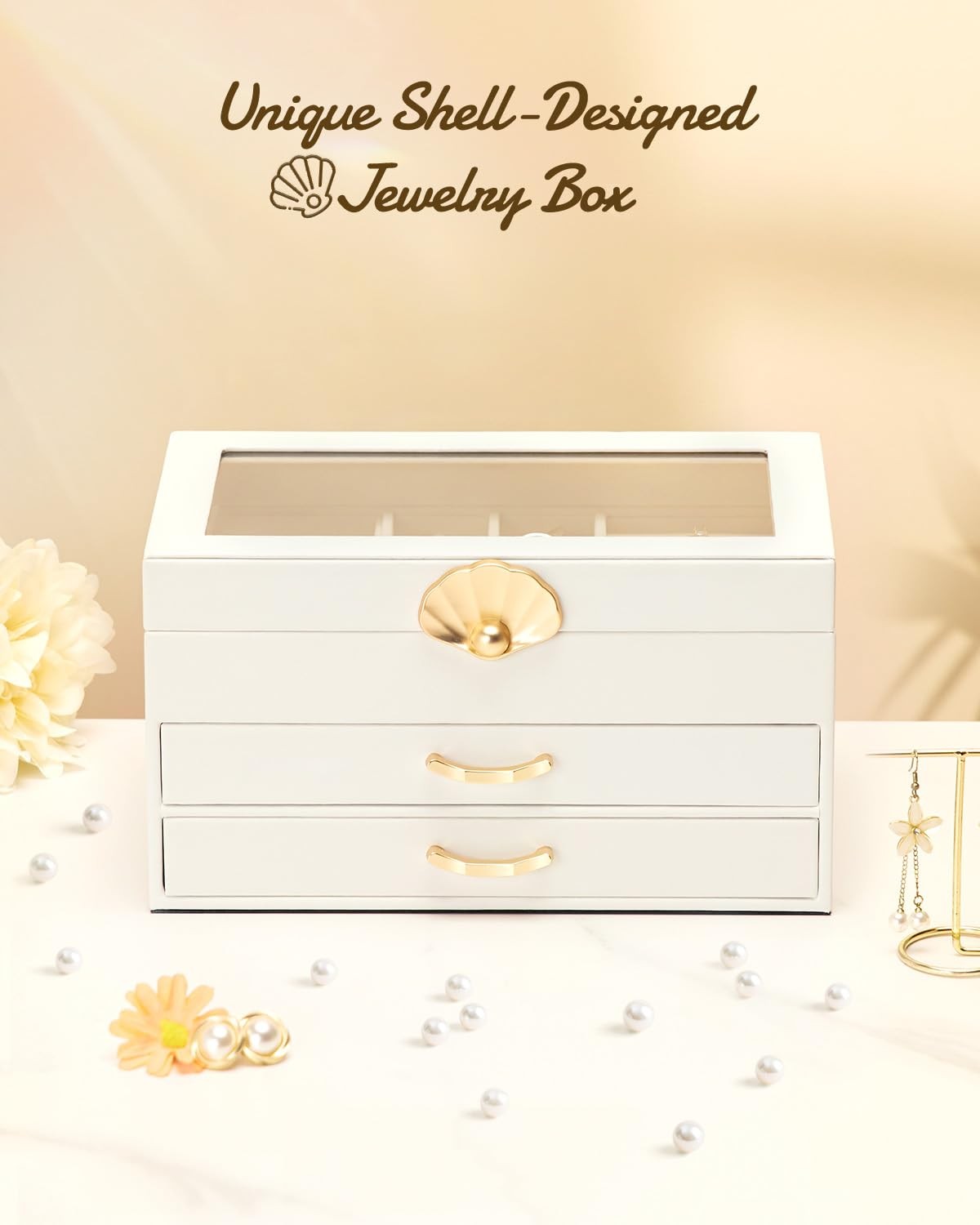 Jewelry Box 3 Drawers Glass Lid Leather Organizer Storage Display White Gift