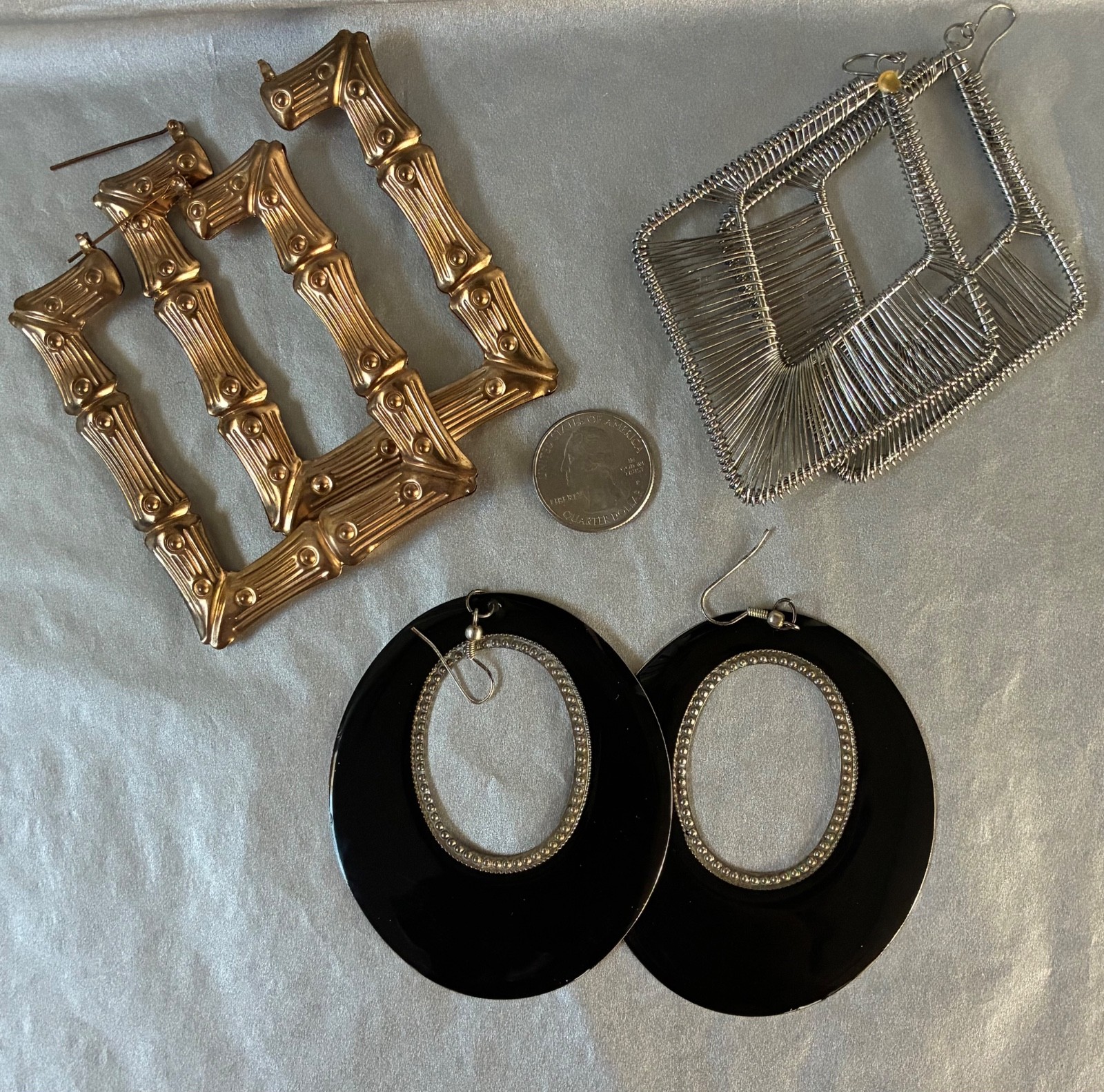 Lot of 3 Pair Bold Oversized Pierced Earrings Black Silver Gold Tone Geometric