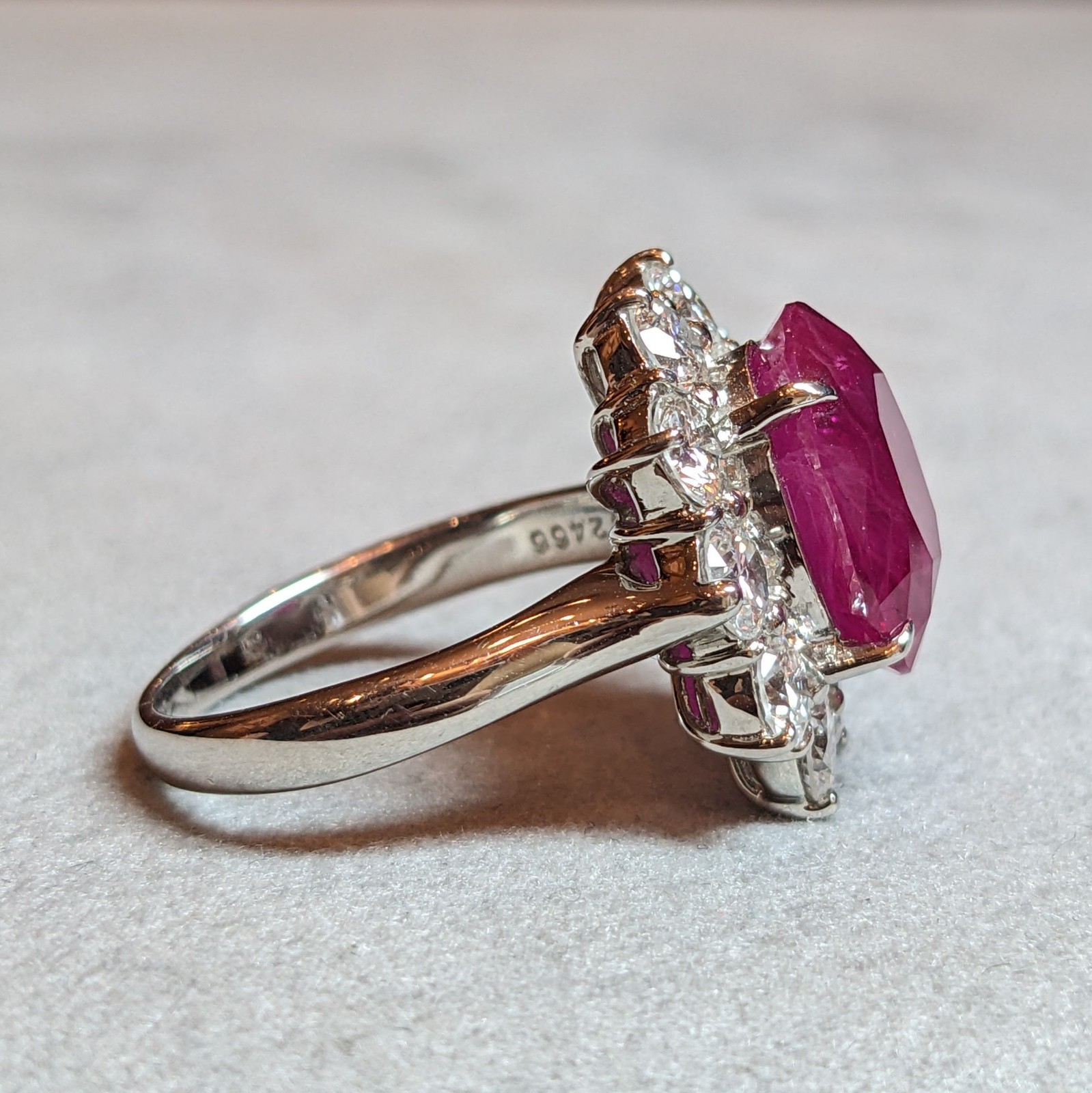 GIA Burma Heated Ruby 7.71 ct Oval in Diamond Platinum Ring – HM2421VN