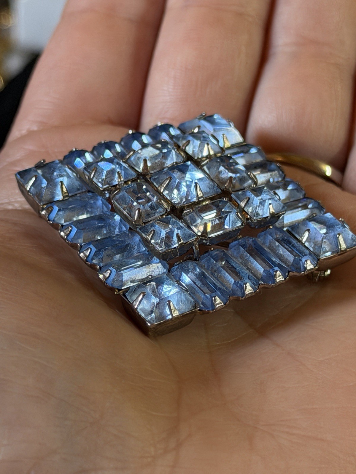 Weiss Blue Rhinestone Square Cluster Brooch Pin Silver Tone Baguette Stones