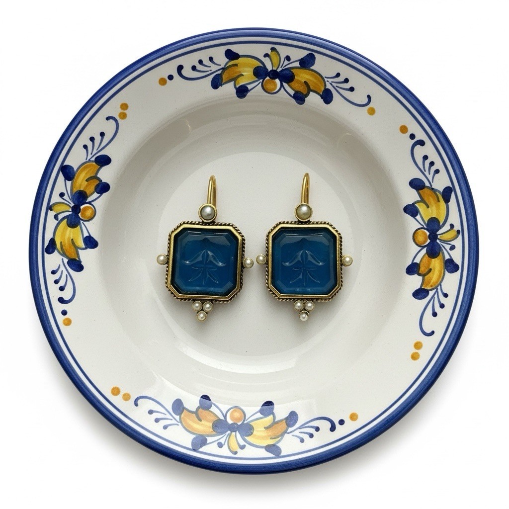 Intaglio Earrings Museum Court VTG Pearl Gold Cameo Flower Geometric Boho Palace