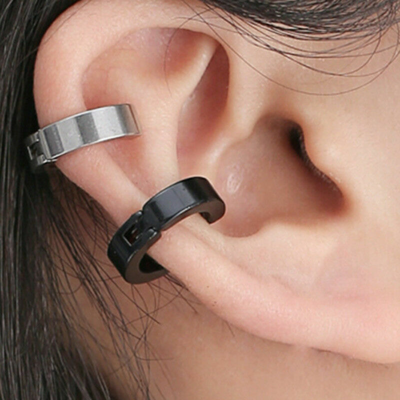Non-Piercing Clip On Fake Mens Boy Ear Stud Cuff Hoop Earrings Stainless Steel