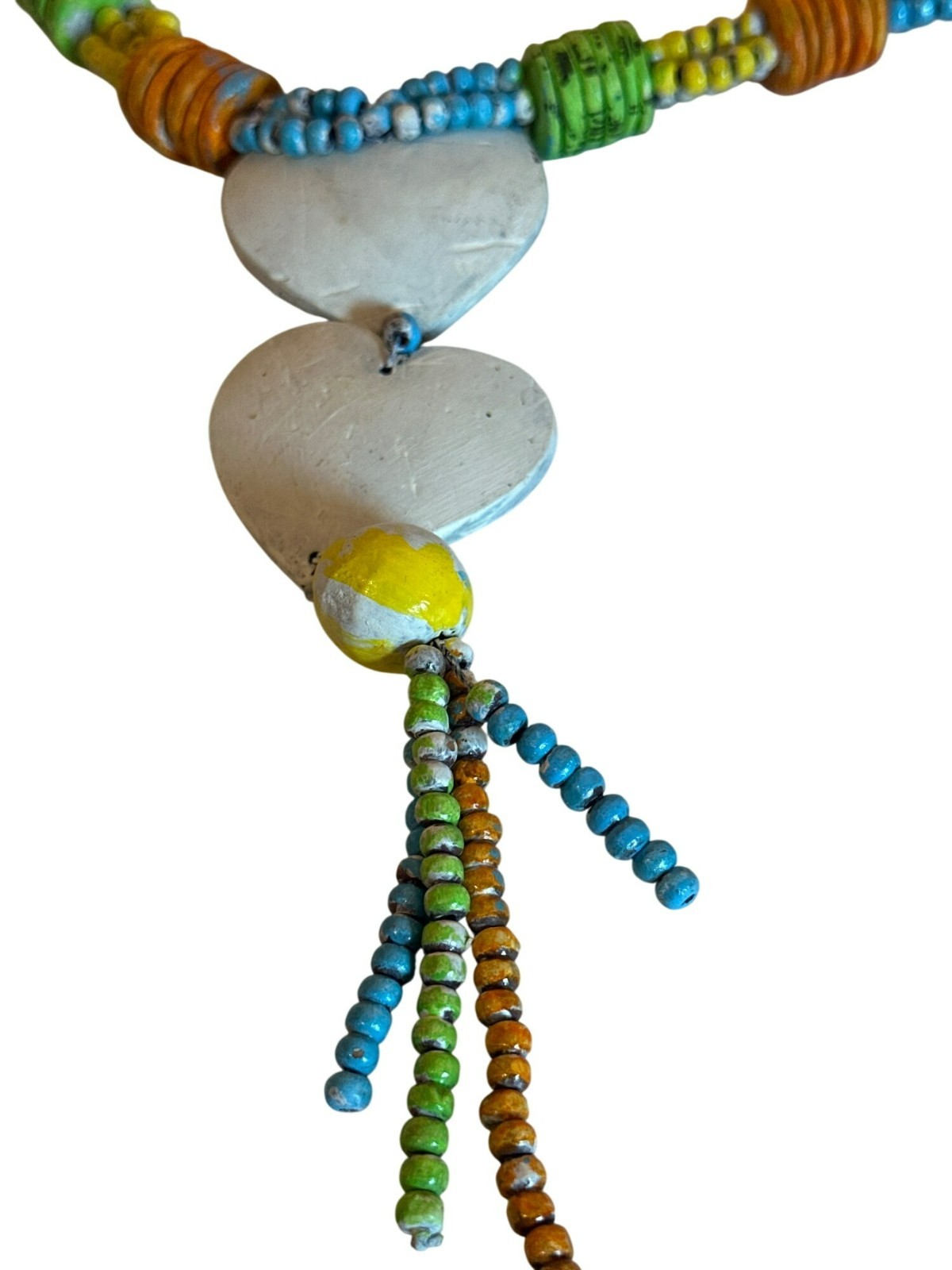 Handcrafted Colorful Beaded Necklace Heart Pendant Tassel Rustic Shabby Chic