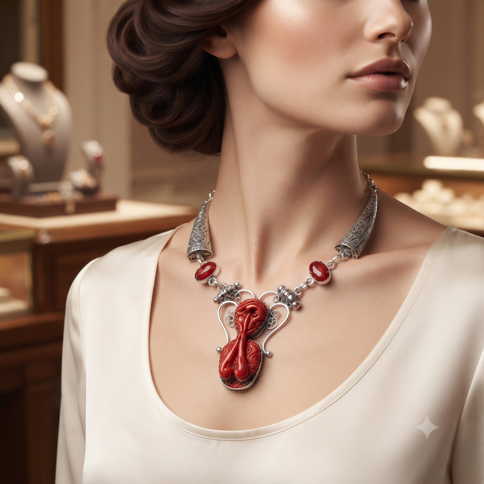 925 Sterling Silver Natural coral Chian Channel Set Root Chakra Necklace Jewelry