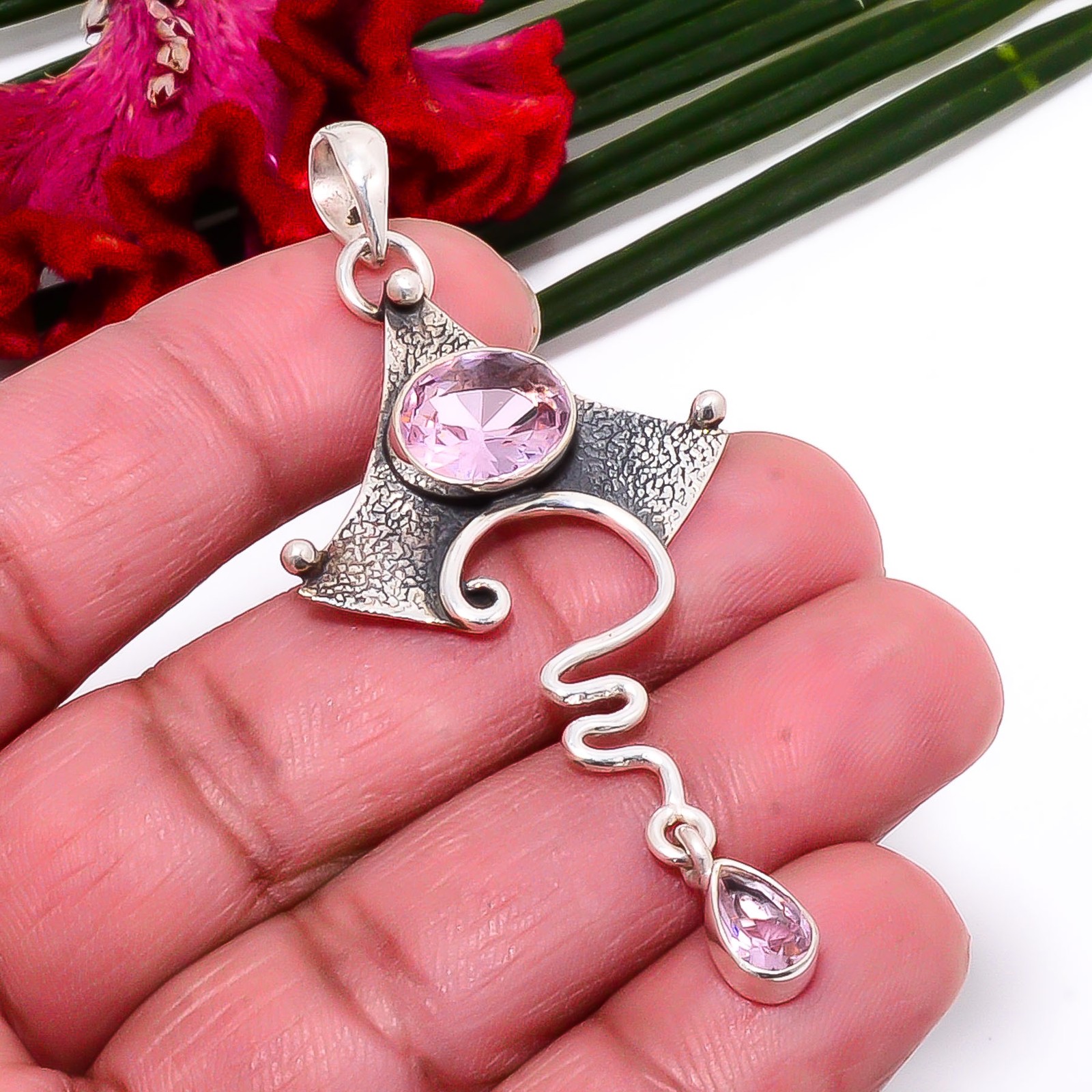 Pink Kunzite Oxidised 925 Sterling Silver Pendant 2.54″ Sku38, Christmas Gift