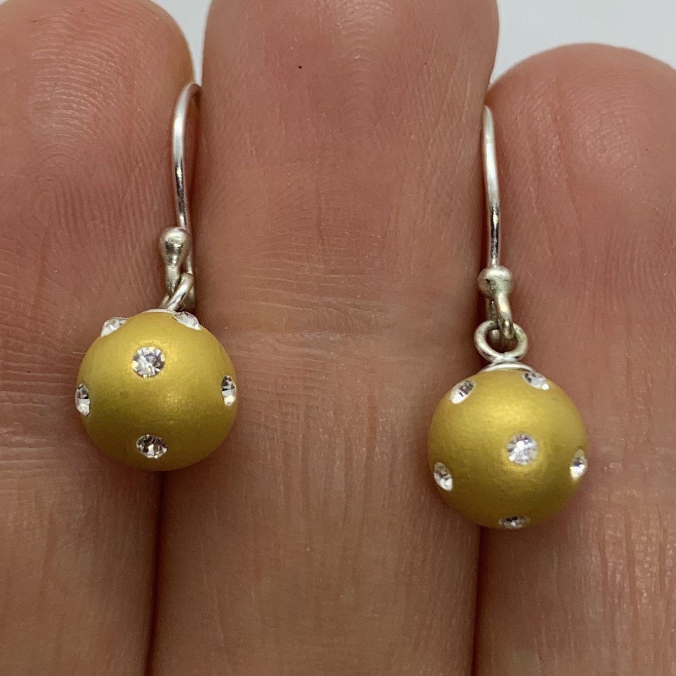 Vtg Matte Gold Pave Crystal Ball Orb Bead Petite Dangle Earrings Hook