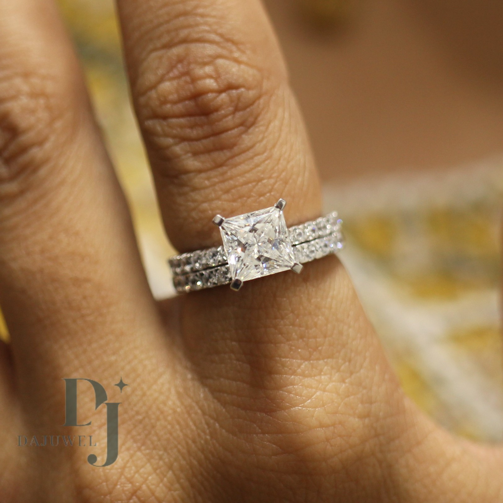 Moissanite Bridal Set Engagement Ring Princess Cut 3 Carat Solid 14K White Gold