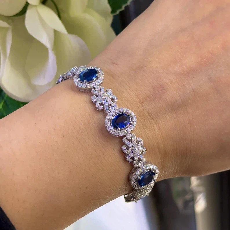 17Ct Oval Cut Lab-Created Blue Sapphire Tennis Bracelet 14K White Gold Plated