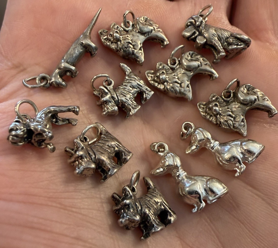Lot Of 11 Vintage 925 Sterling Silver Charms Totaling 35 Grams *DOGS* Assorted