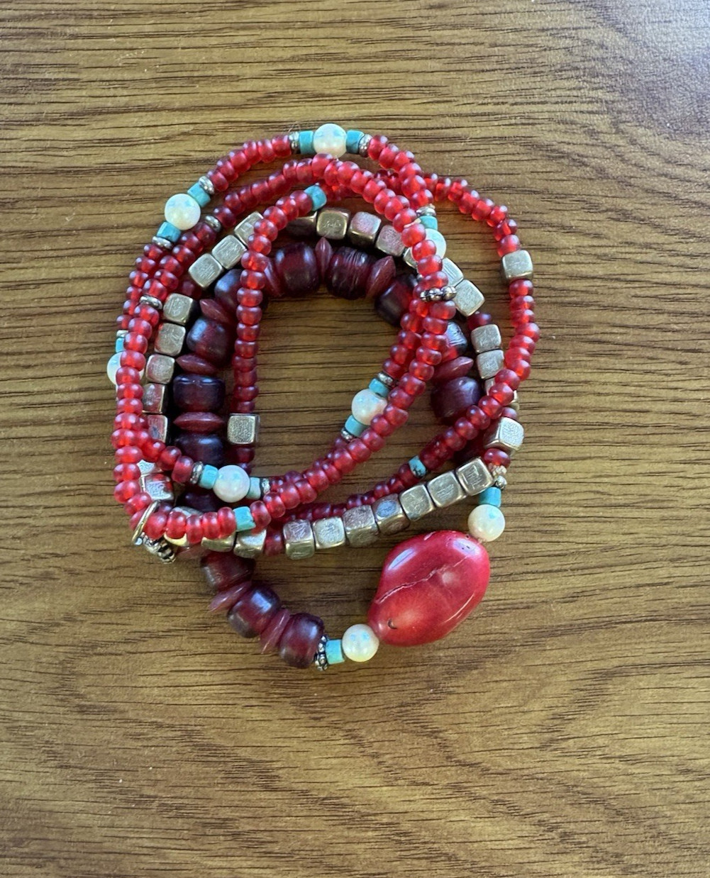 Vintage Set of 5 Stretch Bracelets Silver Red Turquoise Burgundy Boho/Southwest
