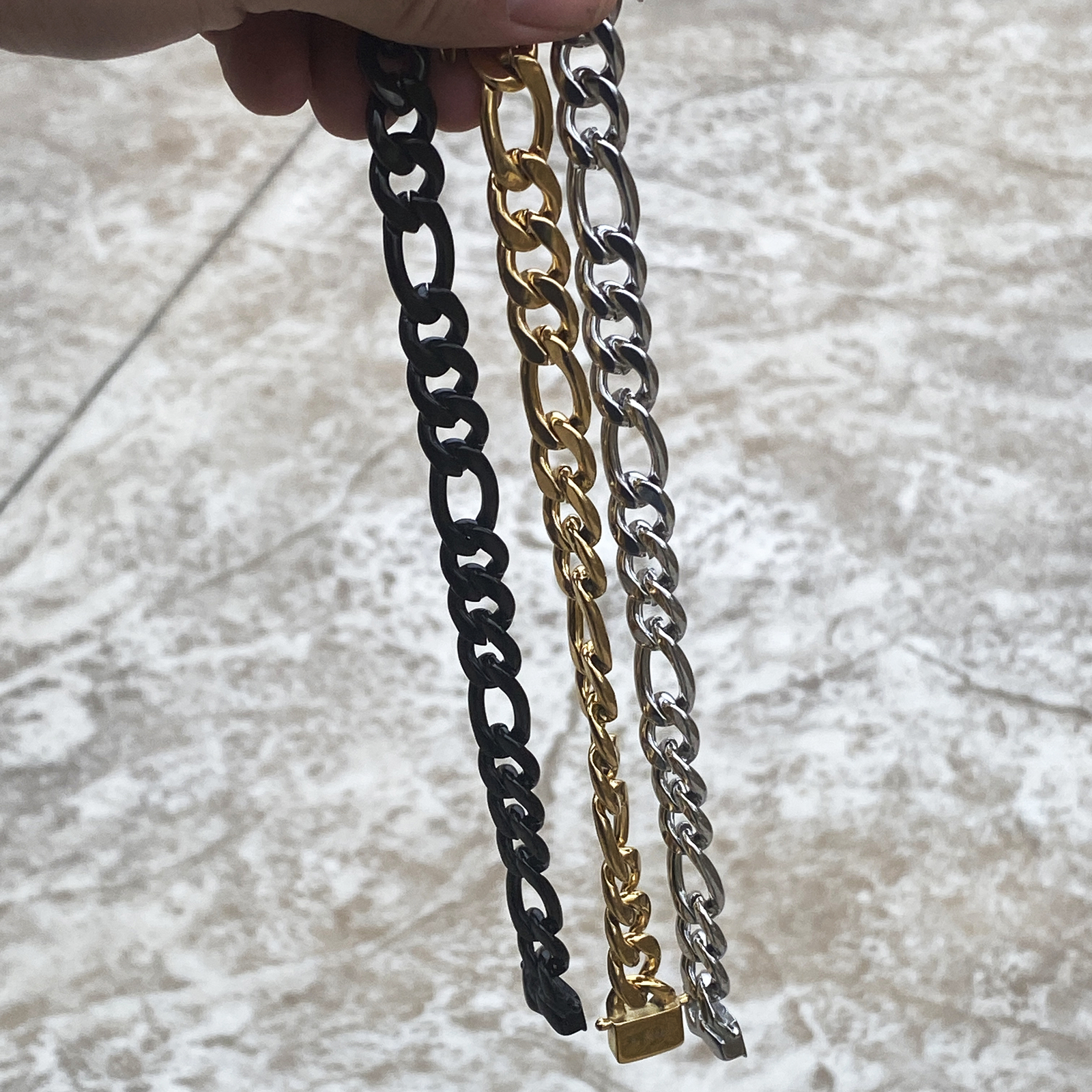 Stainless Steel Figaro Bracelet 24k Gold Plated, Silver, or Black 8.5″ 12 MM