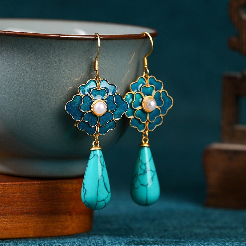 Blue Flowers Manmade Turquoise Drop Stone 18k Gold Plated Earrings