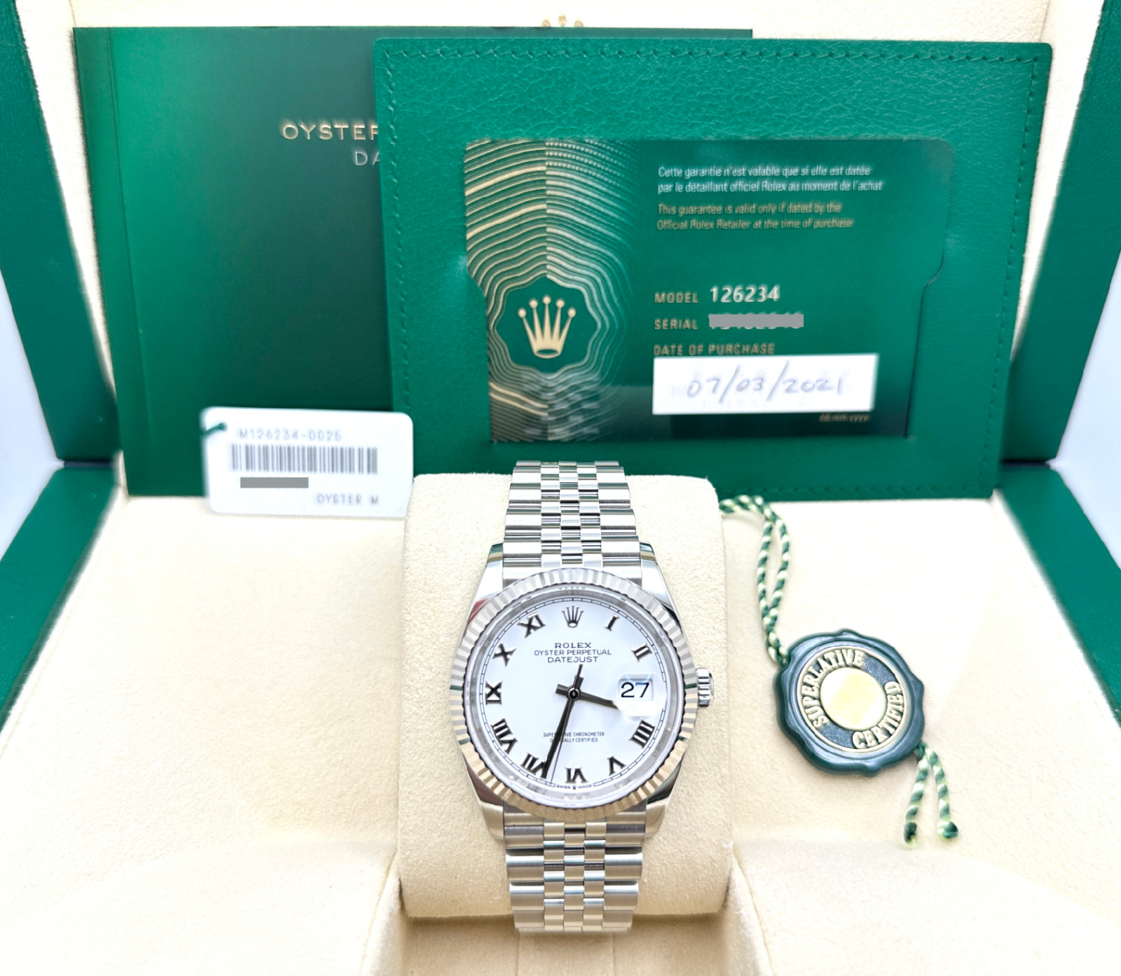Rolex Datejust 126234 36mm White Roman Dial 18K Gold Bezel Steel Box Paper 2021