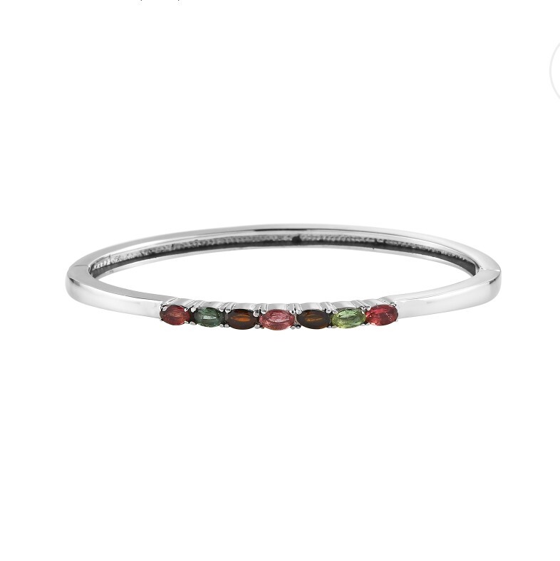 Multi Tourmaline Hinged Bangle Bracelet In Stainless Steel 6.50 Inches 1.60ctw