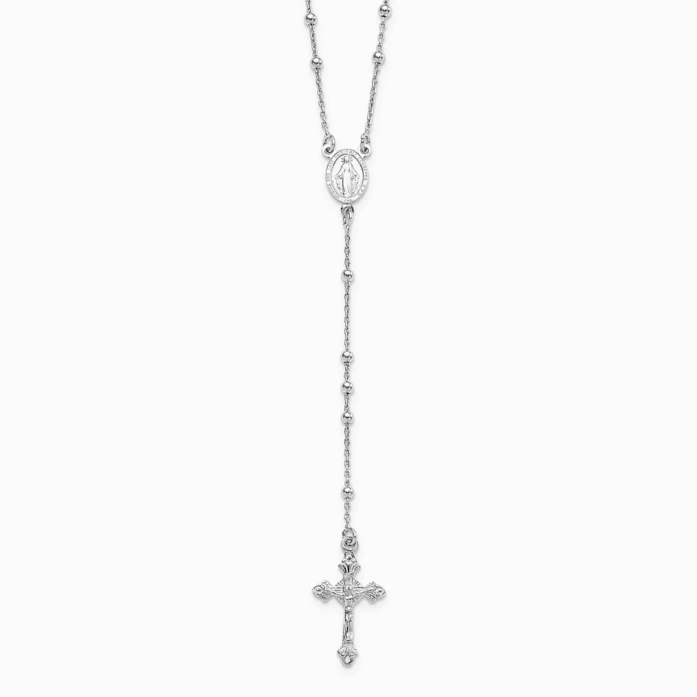 Sterling Silver Rhodium-Plated Polished Beaded Rosary 24 Inch Necklace