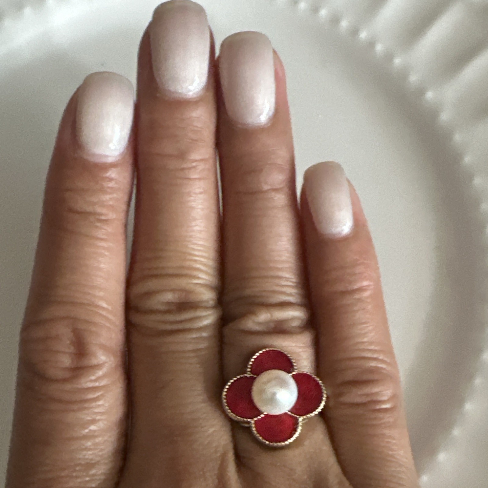 Red Flower Cocktail Ring with 8mm Round White Pearl Center In Gold Tone Setting