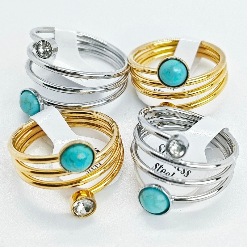 36Pcs Two Tone Spiral Stainless Steel Rings Zircon Turquoise Adjustable Unisex