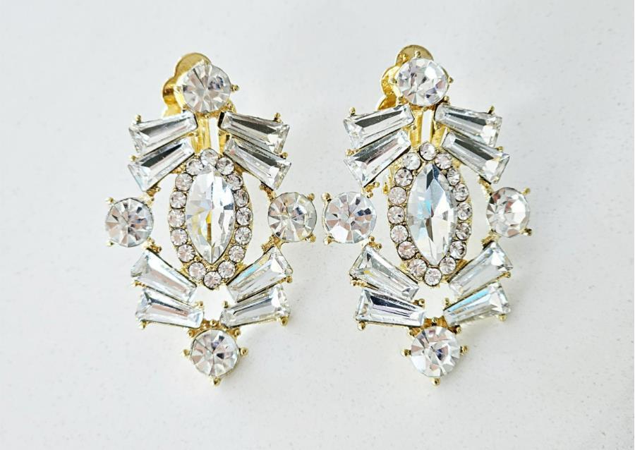 Vintage Inspired Large Clear Crystal CLIP Earrings Gold Plated Special Occasion