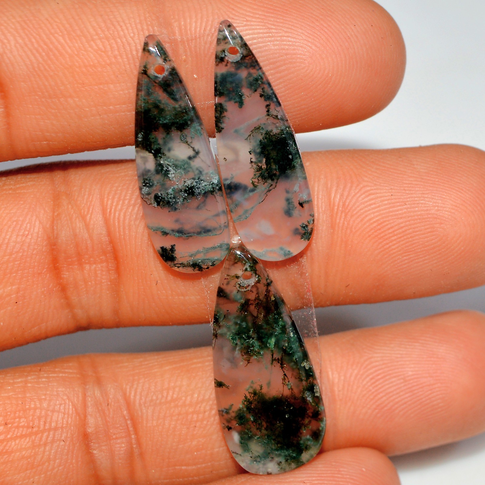 25 Cts Natural Moss Agate Cabochon Front Drill Earring & Pendant Gemstone #S140