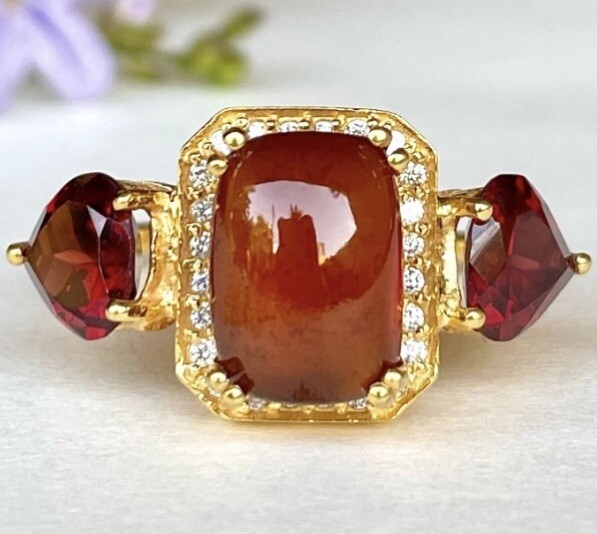 Natural Orange Hessonite Garnet Solid 925 Sterling Silver Statement Ring