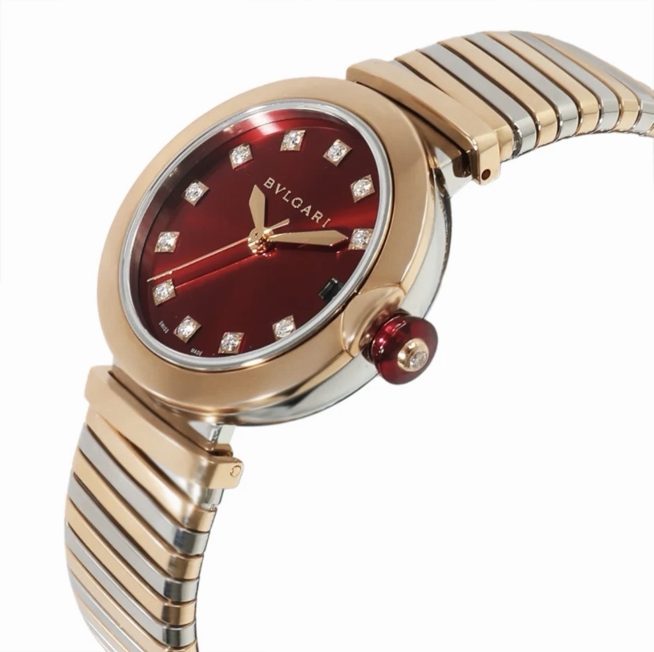 Bvlgari Lvcea Tubogas 33mm Two-Tone Diamond Bezel Red Dial Ref. 103123 FULL SET
